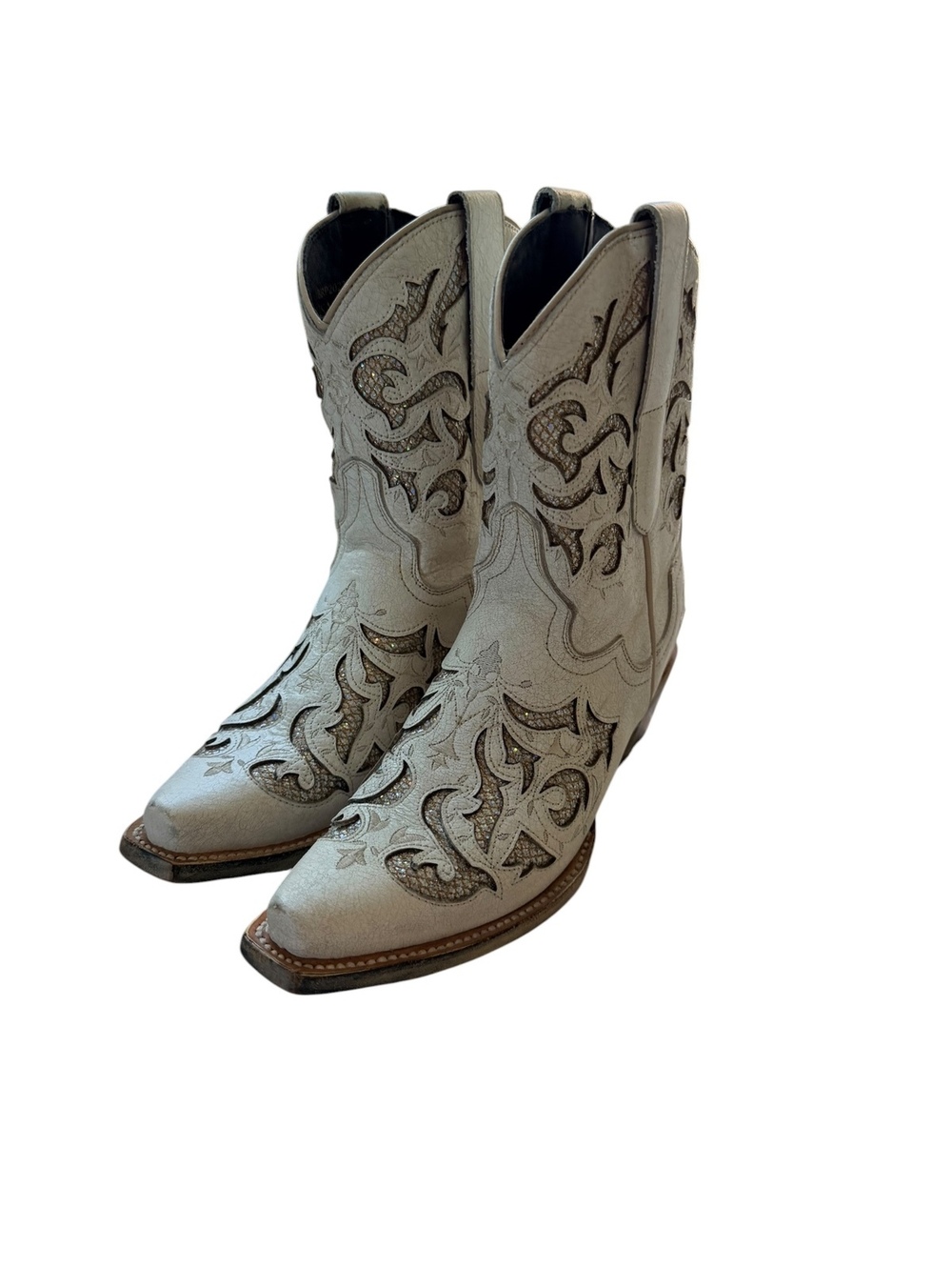 JB Dillon Women's White Inlay Cowboy Boots Snip Toe Western Leather Size 6.5 B